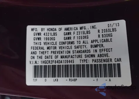 2013 Honda Accord Sdn Ex-L z USA, uszkodzony, nr VIN 1HGCR2F84DA109445